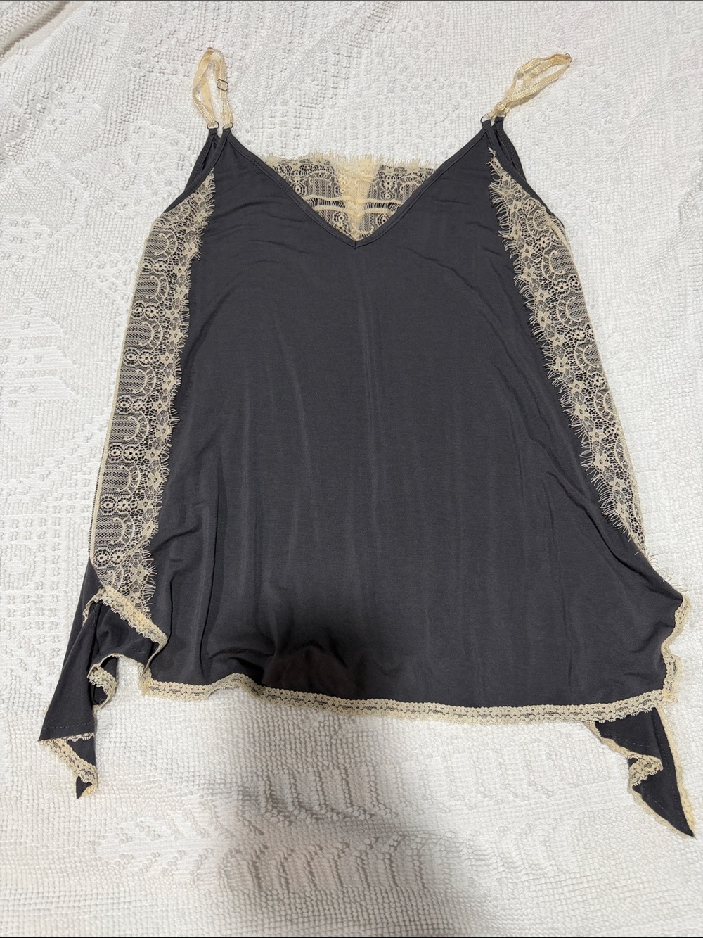 POL Gray Tank Top with Cream Lace Trim
